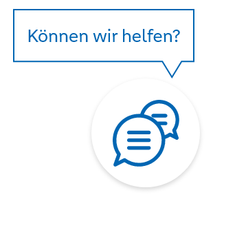 Sprechblase mit Text 'Können wir helfen?' über einem Icon mit zwei Sprechblasen